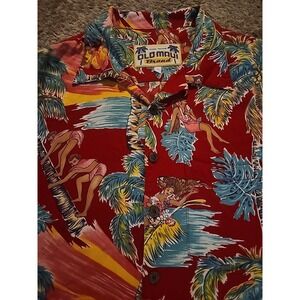 Old Maui Brand Vtg Hawaiian Shirt 100% Rayon Hula Girls, Pocket, 1980s Red